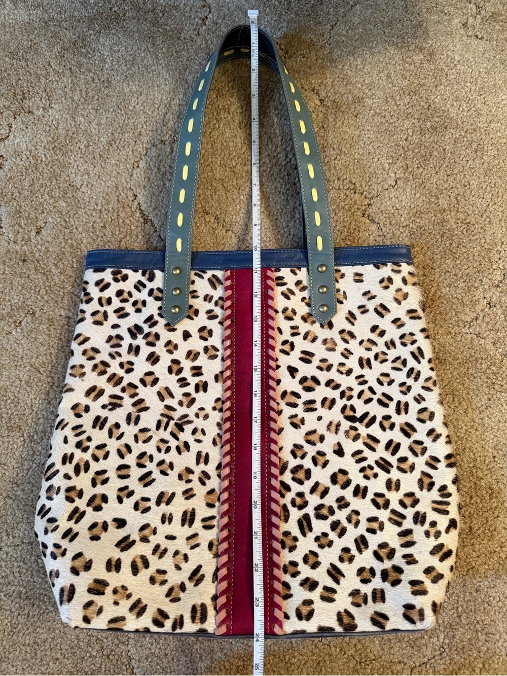 Leopard Print Tote Bag with Pink Accent and Blue Handles - Picture 7 of 8